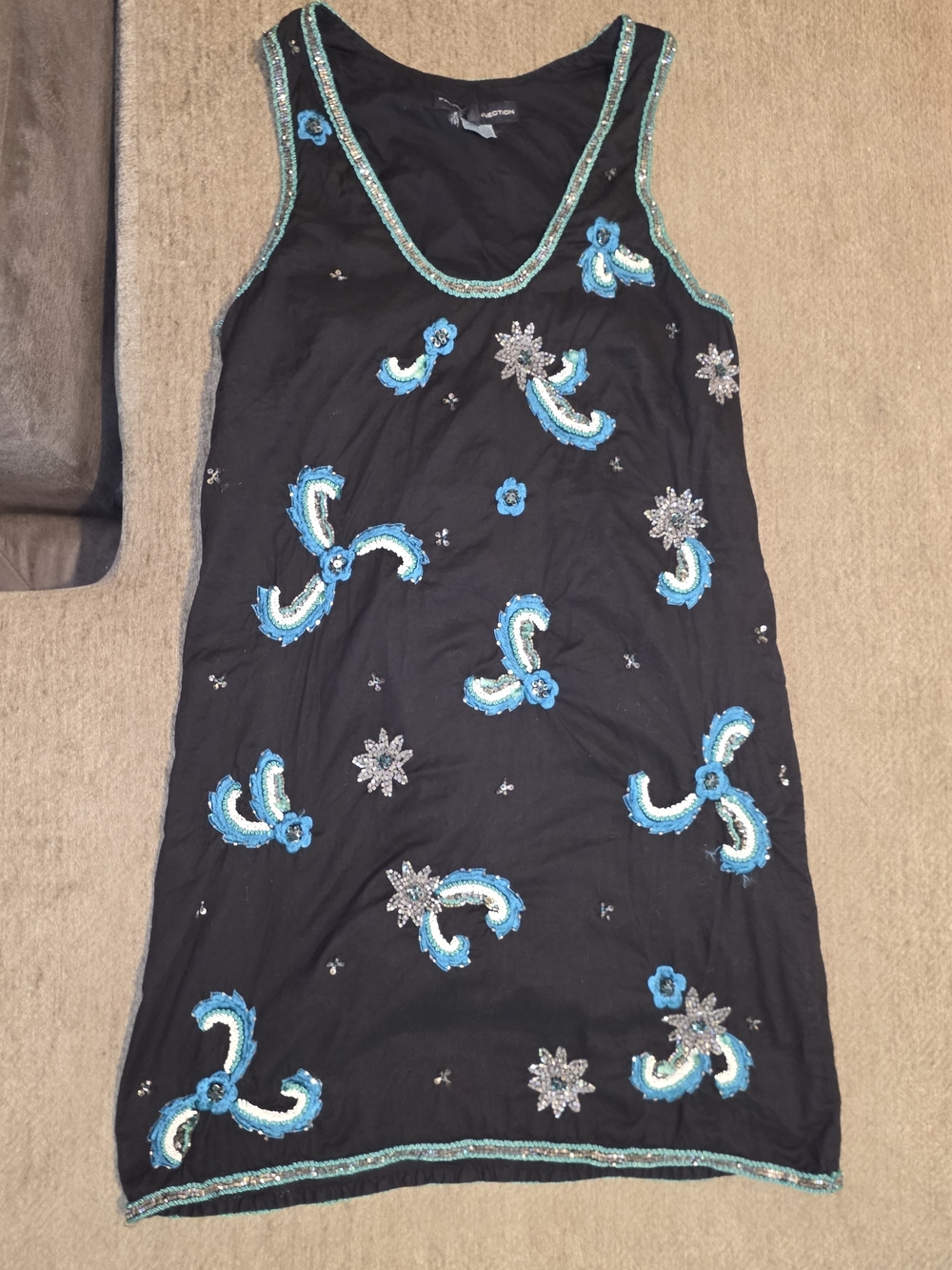 French Connection Black Sleeveless Shift Dress with Blue & Teal Beading Size 10